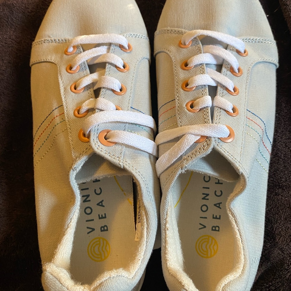 Vionic Light Blue Canvas Sneakers with Orange Accents